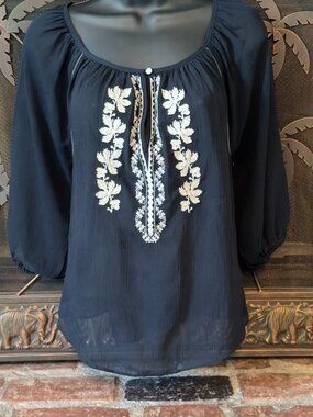Hollister Embroidered Boho Top S Black 3/4 Sleeve Peasant Blouse Cottagecore